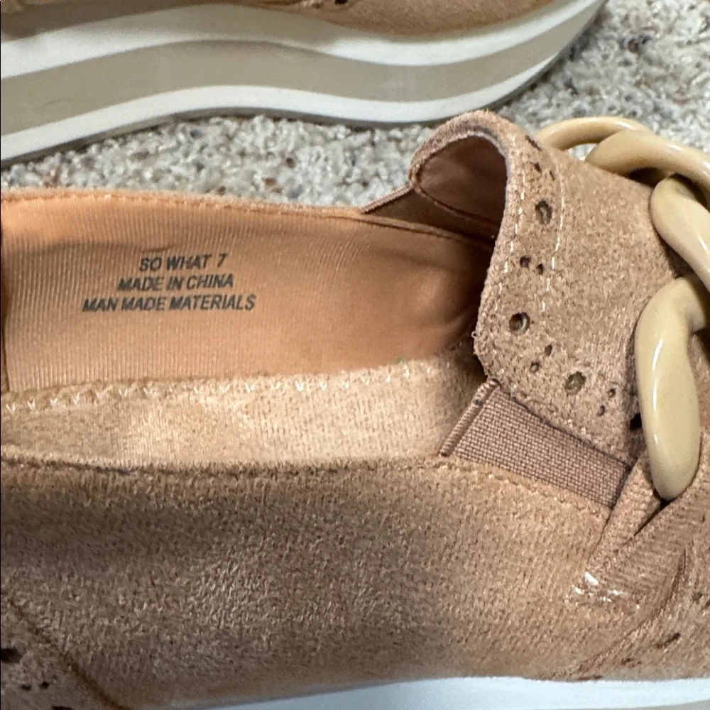 Corkys Tan Suede Platform Loafers with Chain Accent